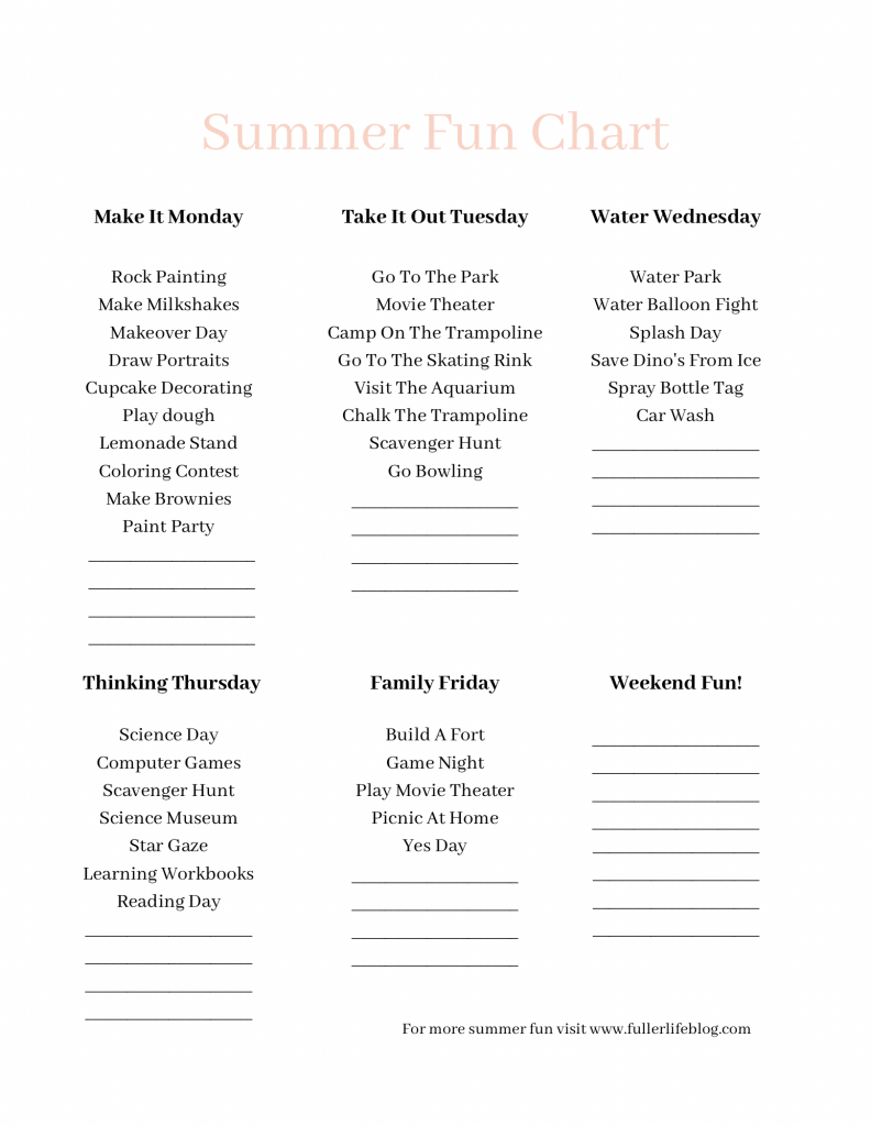 Kids Summer Activity Chart