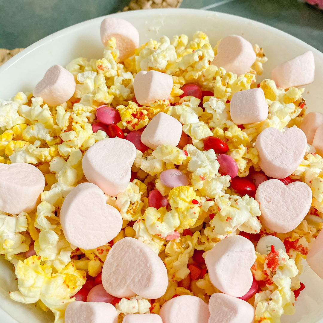 Valentine popcorn with Cupid’s mix m&m and strawberry heart marshmallows